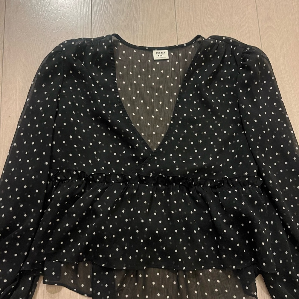 Aritzia Black Sheer Blouse with White Dots